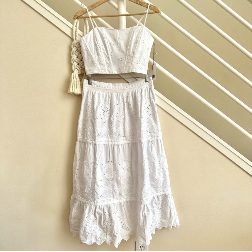 NWT Jason Wu Eyelet 2 Pc Set Tiered Ruffled Midi Skirt & Corset Crop Top White M - Picture 3 of 16